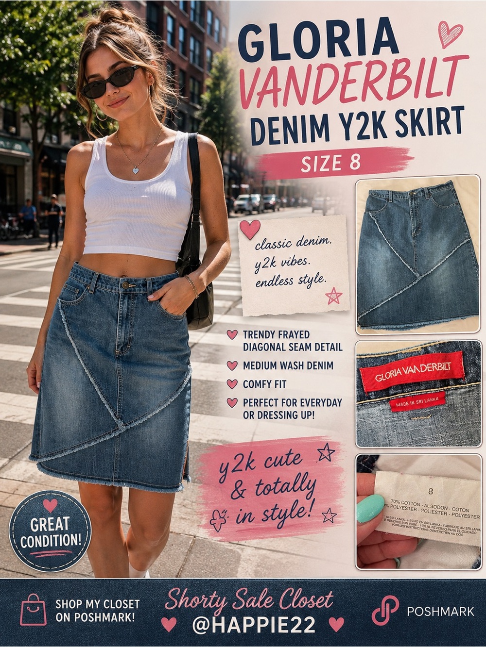Gloria Vanderbilt Y2K Medium Blue Denim A-Line Skirt with Frayed Trim Sz 8 - Picture 1 of 5